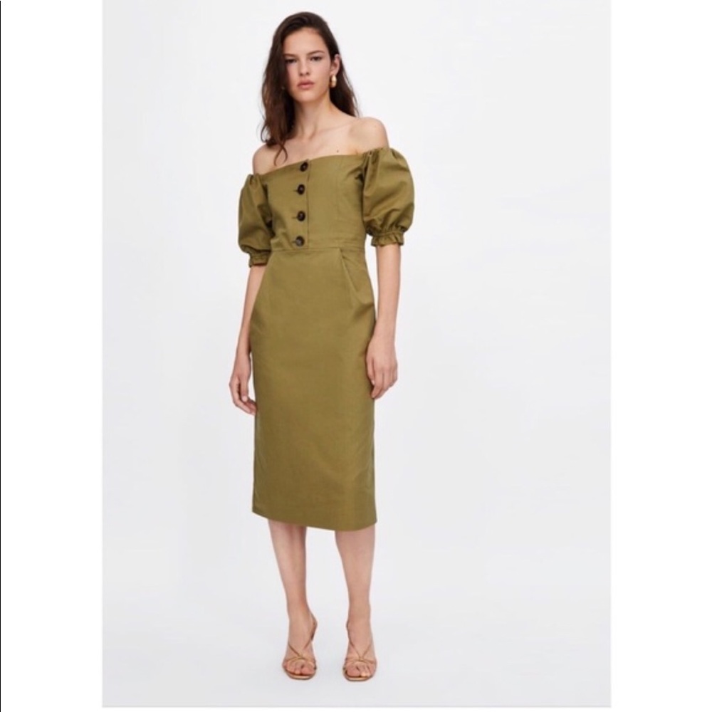 ZARA olive off the shoulder dress